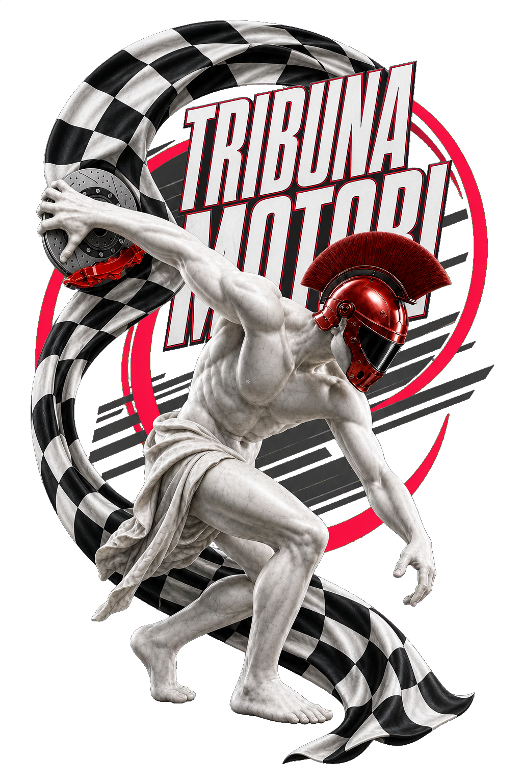Grafica ufficiale Tribuna Motori con discobolo e bandiera a scacchi